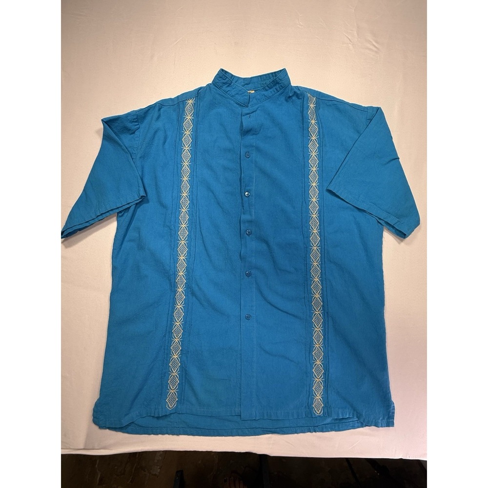 Souto Men's Blue Embroidered Band Collar Short Sleeve Button-Up Shirt XL